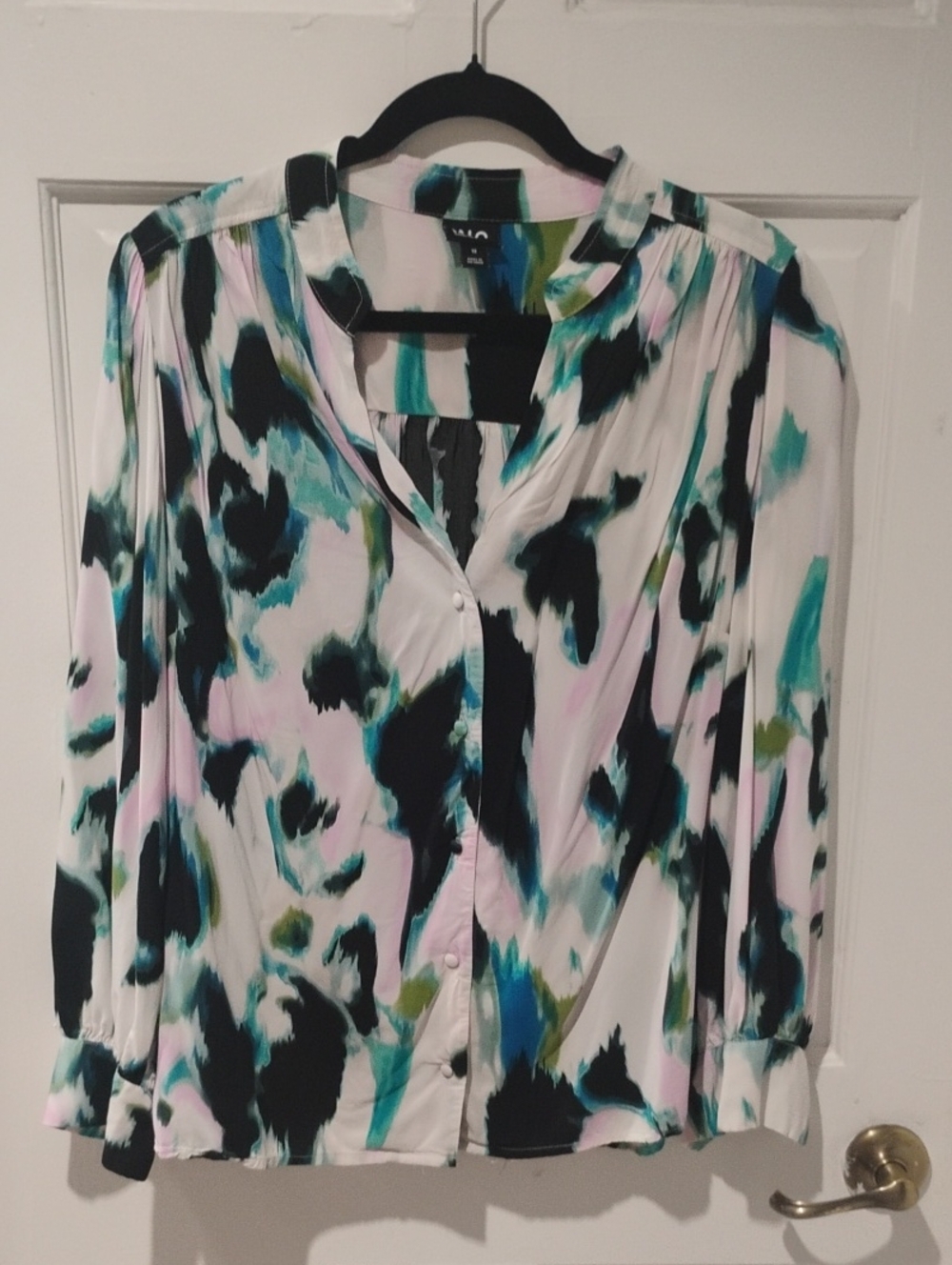 INC International Concepts White Multi Abstract Watercolor Button-Down Top